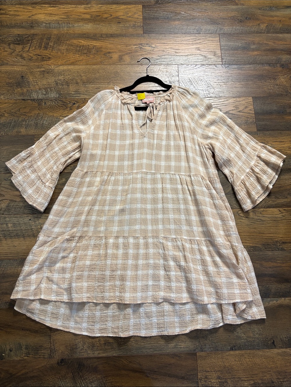 Show Me Your MuMu Beige and White Plaid Tiered Peasant Dress